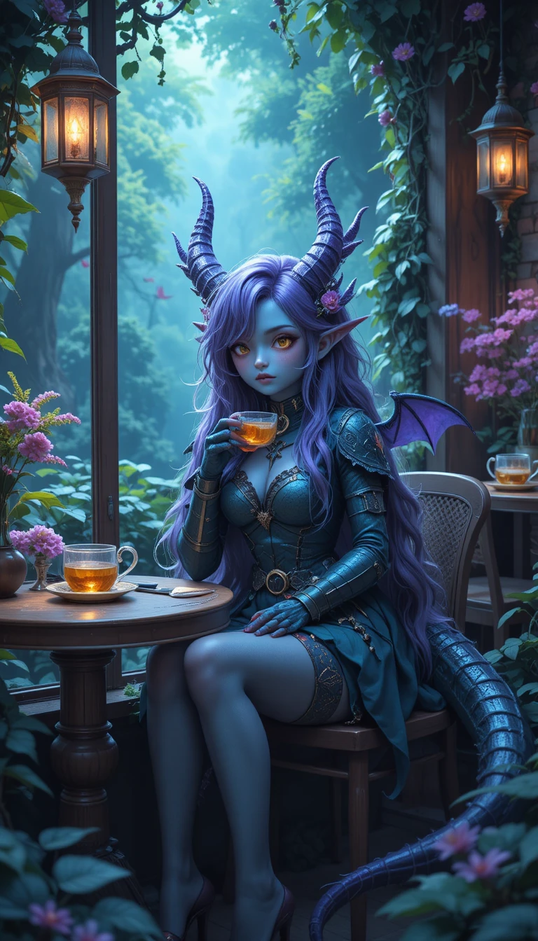 Dragon girl relaxing in a magical forest cafe