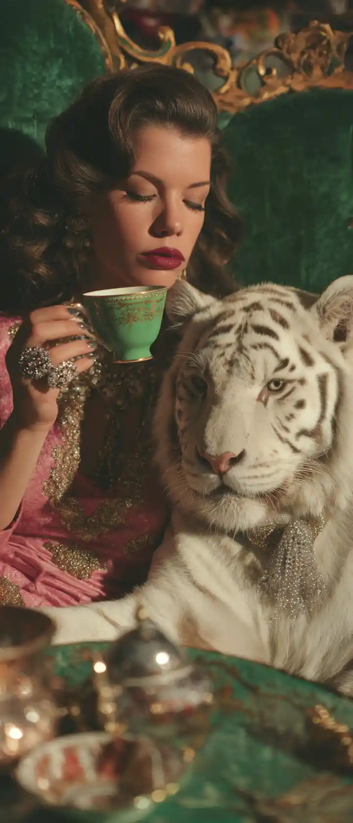 Cinematic portrait of an elegant woman with white tiger