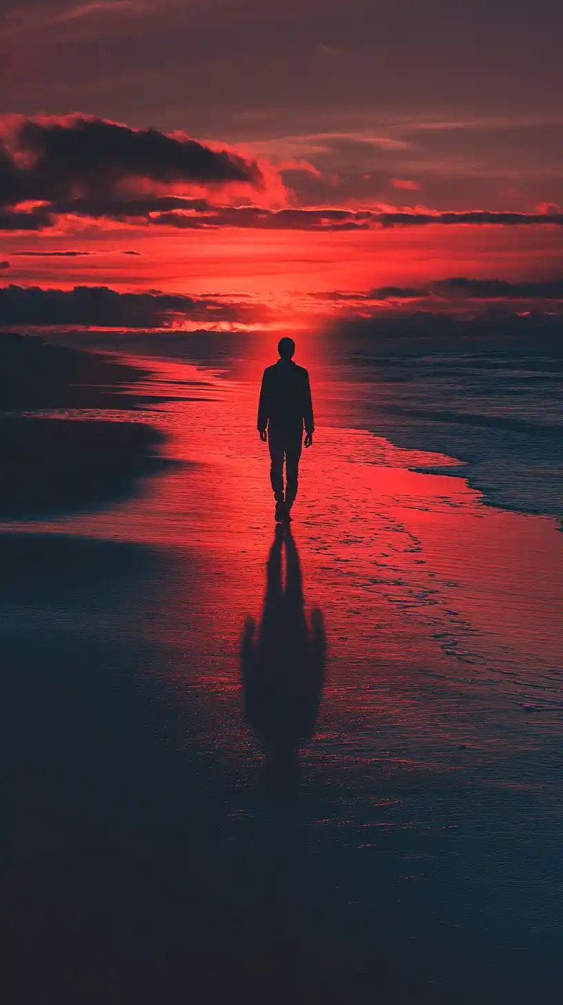 Surreal woman walking at sunset with rising shadow companion