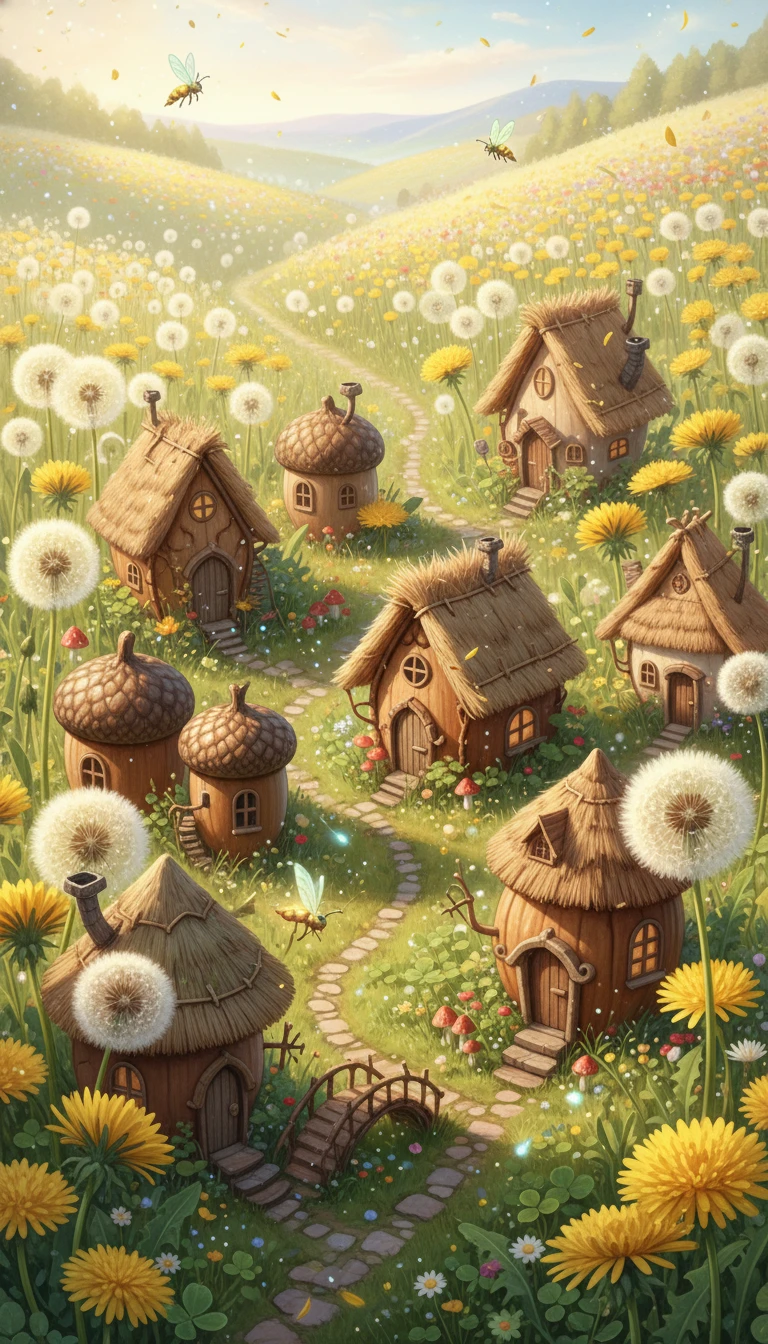 Pintoresco Pueblo de Nueces Entre Brillantes Flores de Diente de León