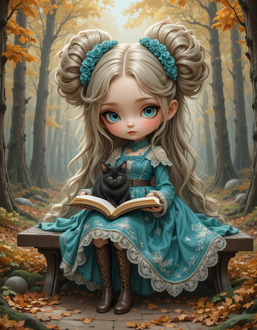 Ragazzina chibi che legge con un gattino in una foresta autunnale