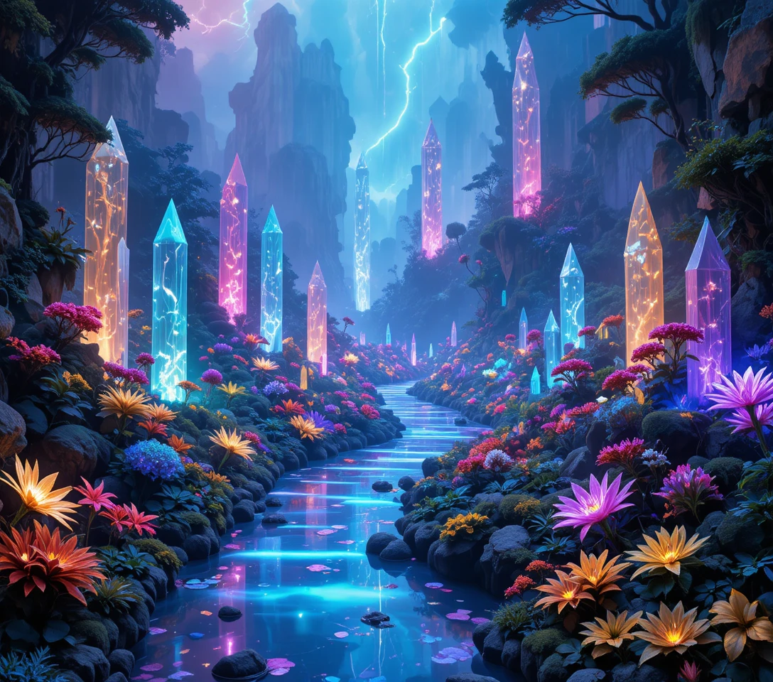 Jardin néon enchanté avec cristaux lumineux et sentier brumeux