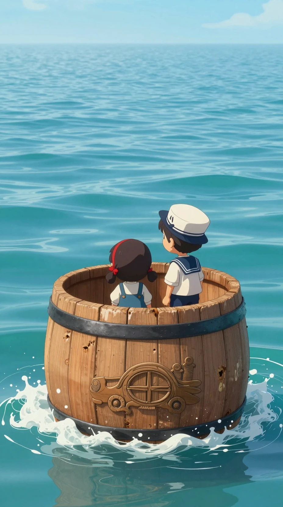 Niños chibi asomándose desde un barril tallado en el mar
