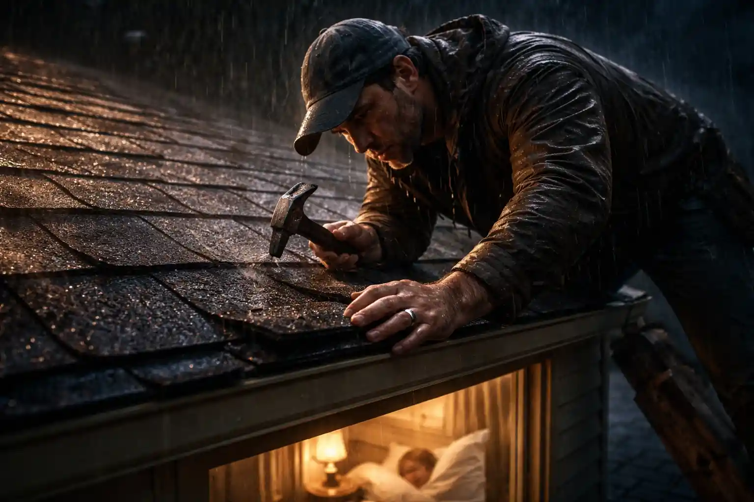 Man repairing a rainy rooftop outside a warmly lit house