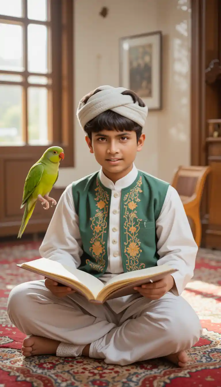 Lächelnder Junge liest den Koran mit einem Papagei im warmen Sonnenlicht