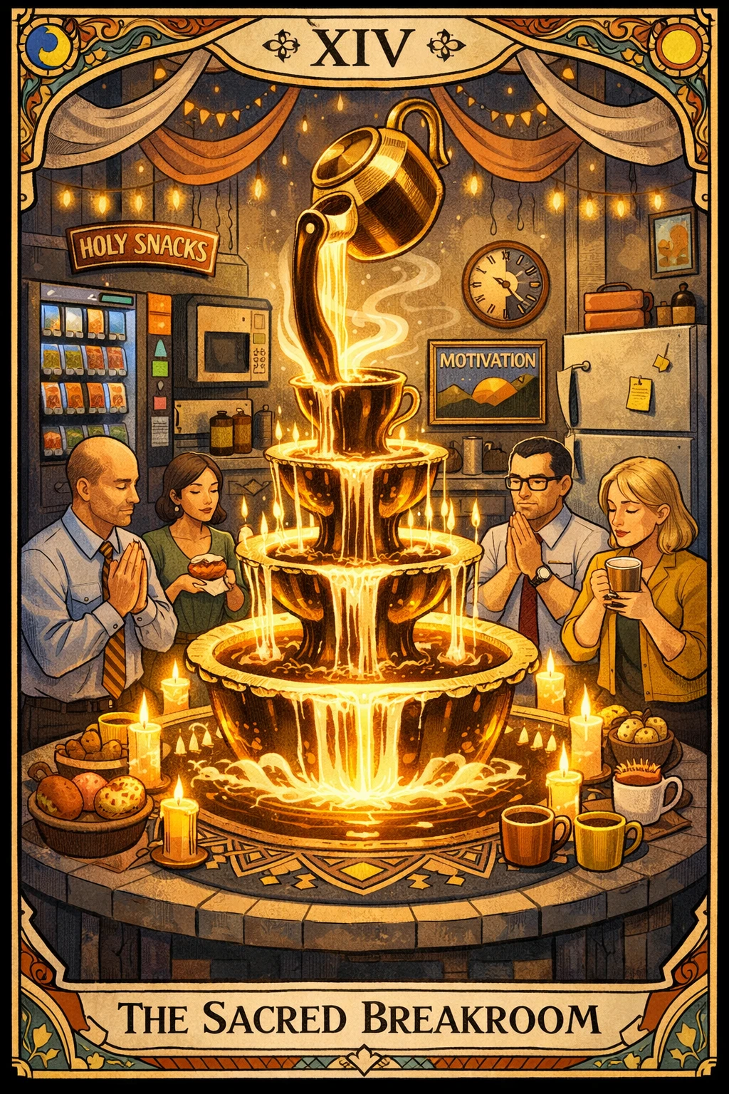 Humorous tarot scene of a sacred break room coffee fountain