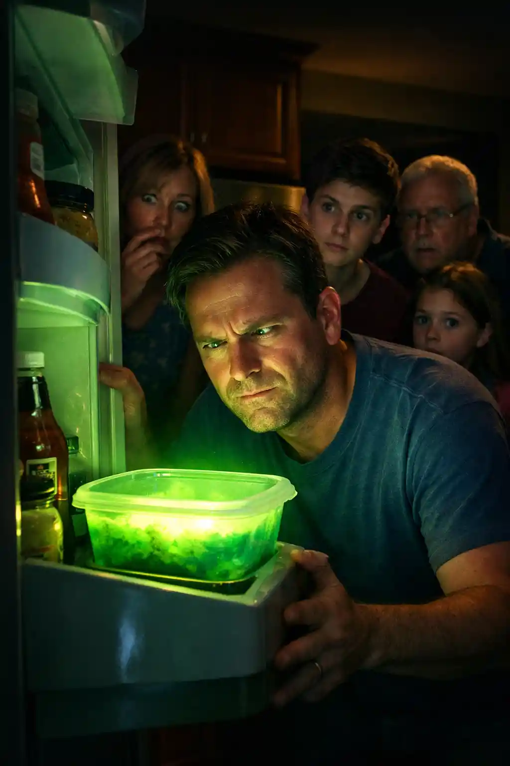 Person opening glowing fridge container as family watches nervously