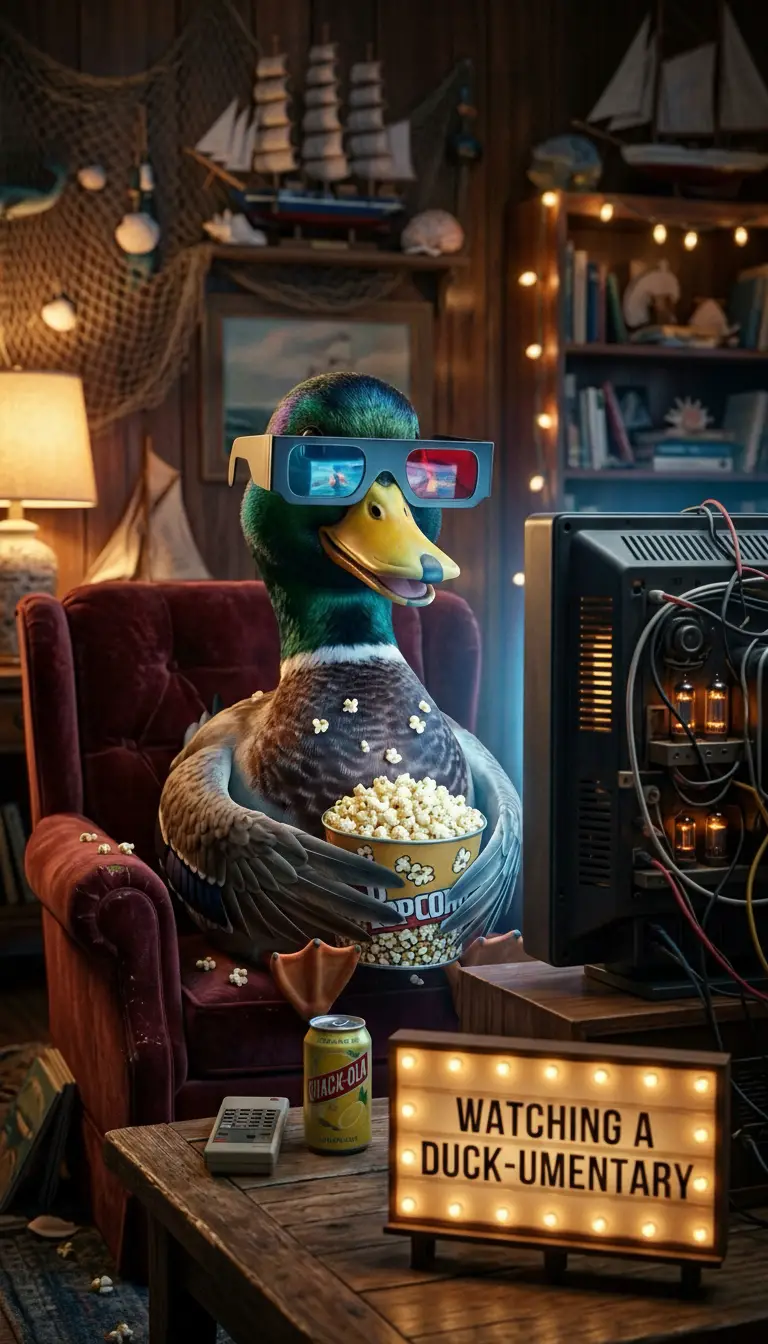 Mallard Duck Watching Tv With 3d Glasses And Popcorn