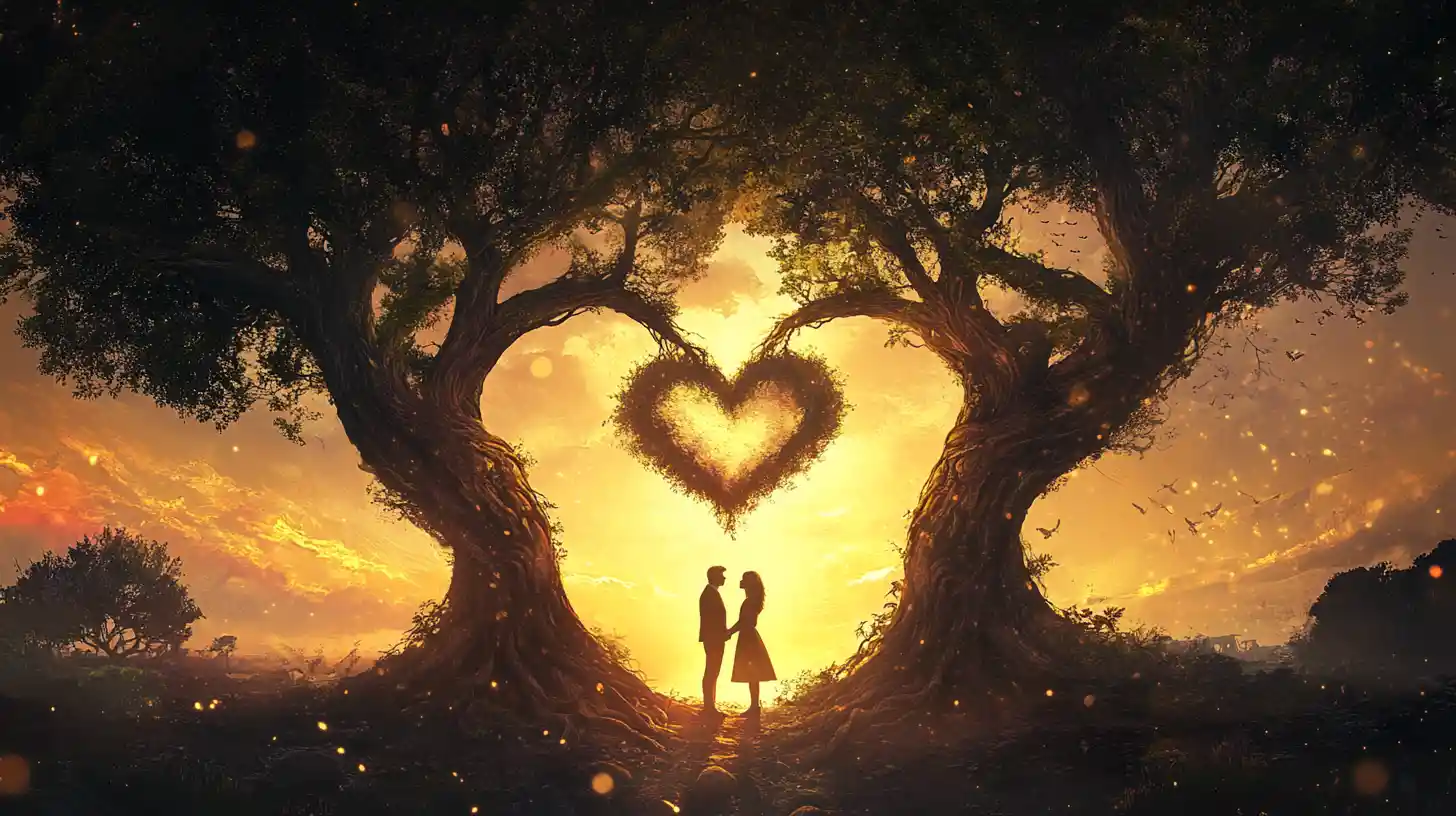 Romantic couple under heart shaped forest trees at sunset