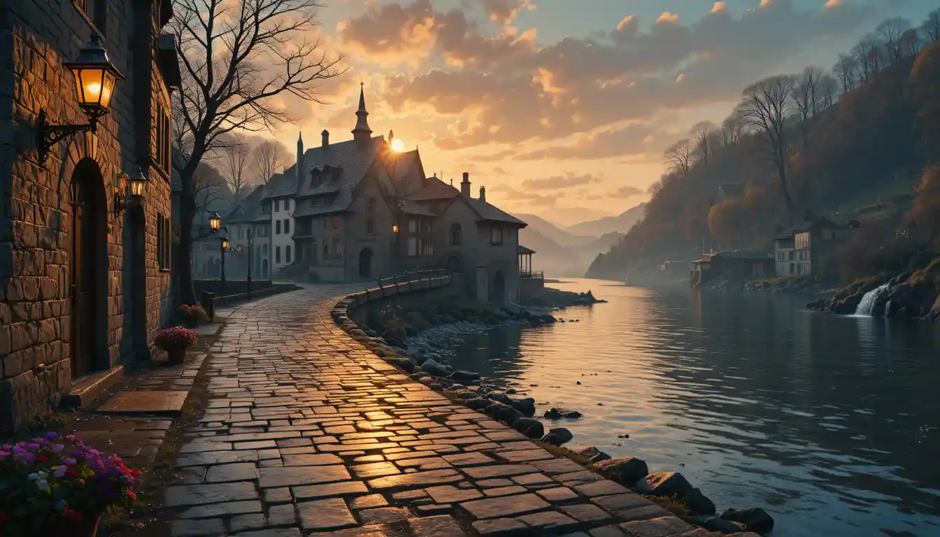 Surreal sunset village street with glowing wet cobblestones