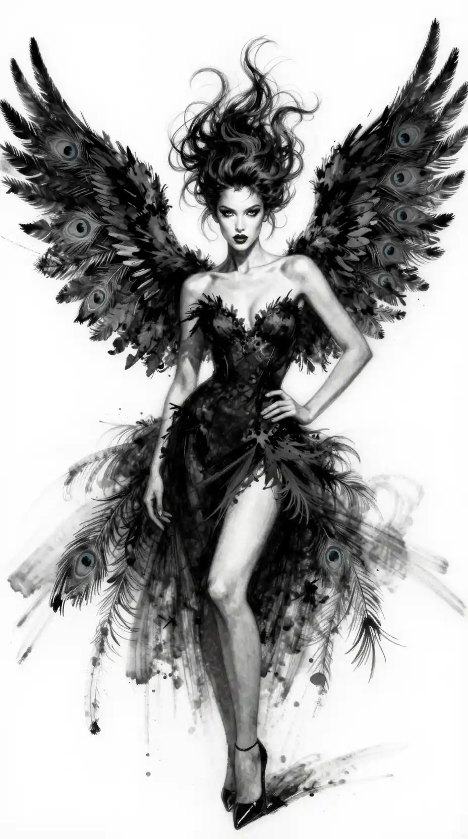 Charcoal woman with flowing hair and grand feathered wings