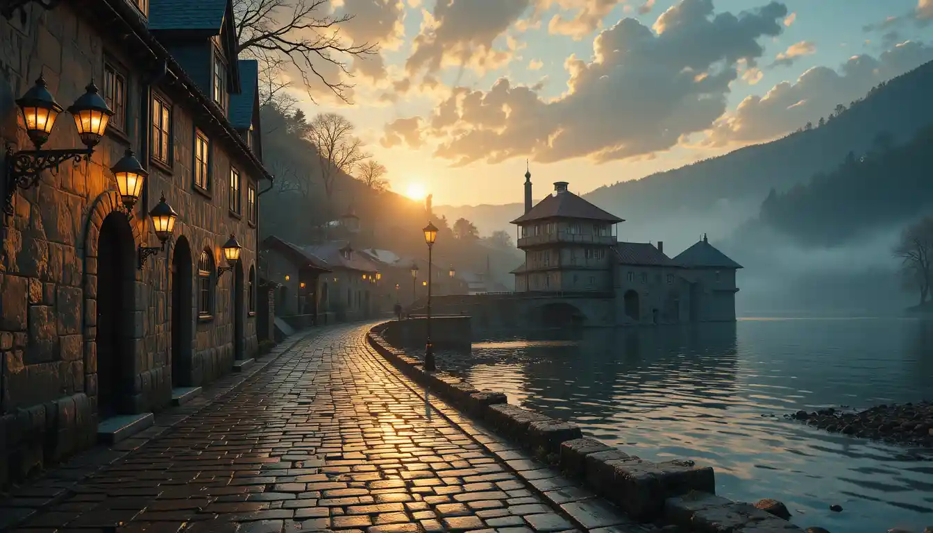 Surrealer Sonnenuntergang über einem alten europäischen Dorf am Fluss