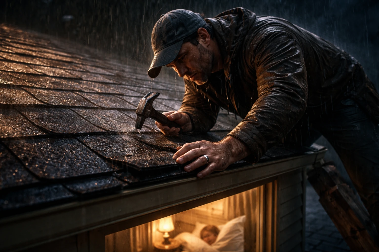 Man repairing a rainy rooftop outside a warmly lit house