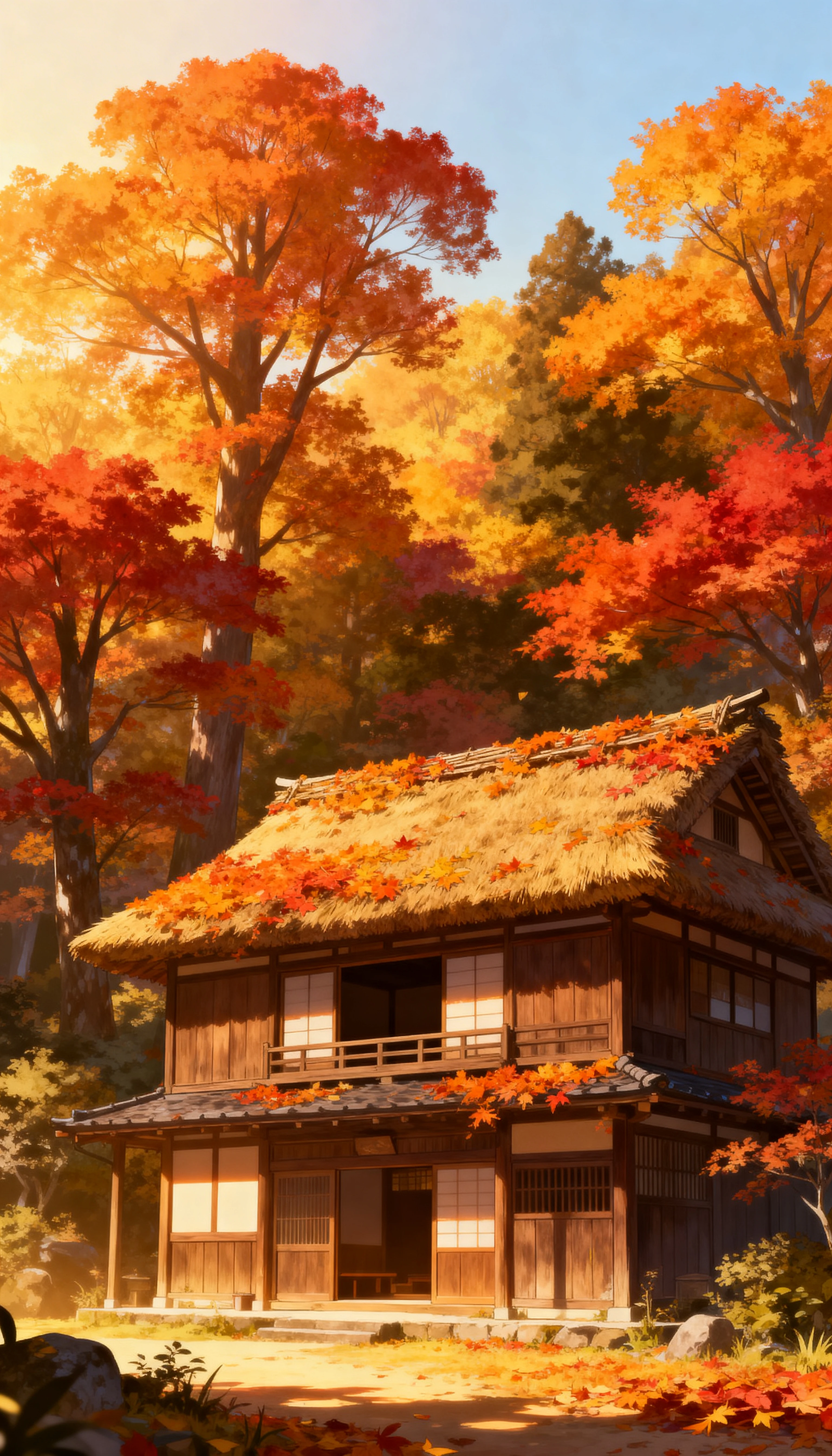 Escena de otoño estilo anime con casa tradicional japonesa de madera