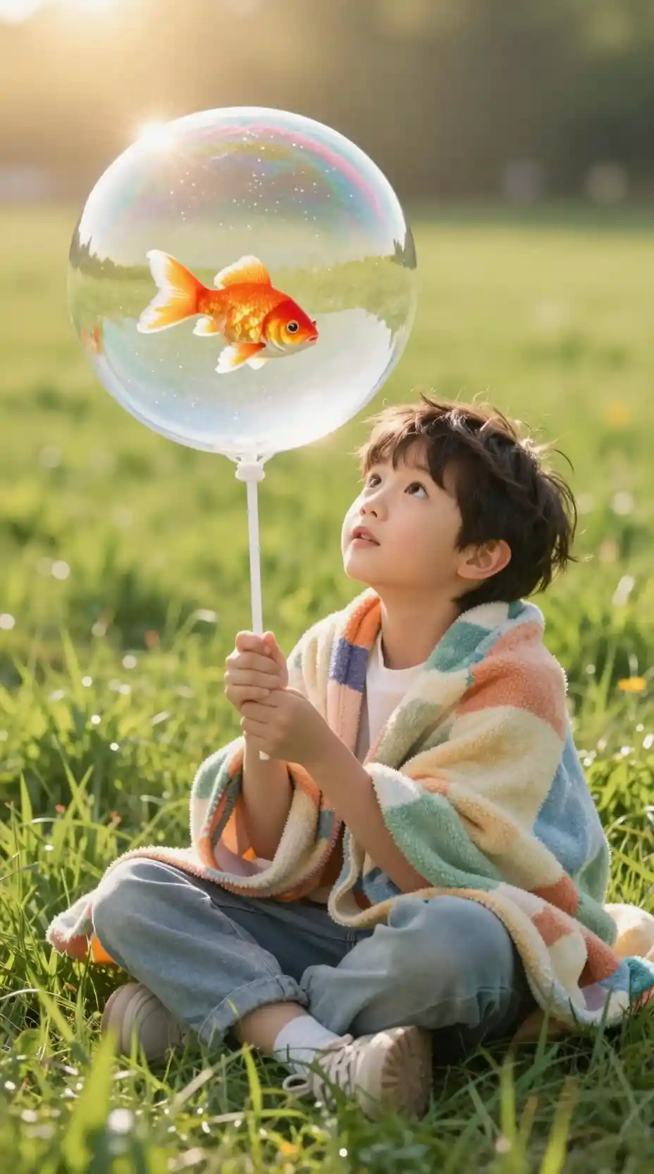 Boy Holding Giant Bubble With Fish On Sunny Meadow