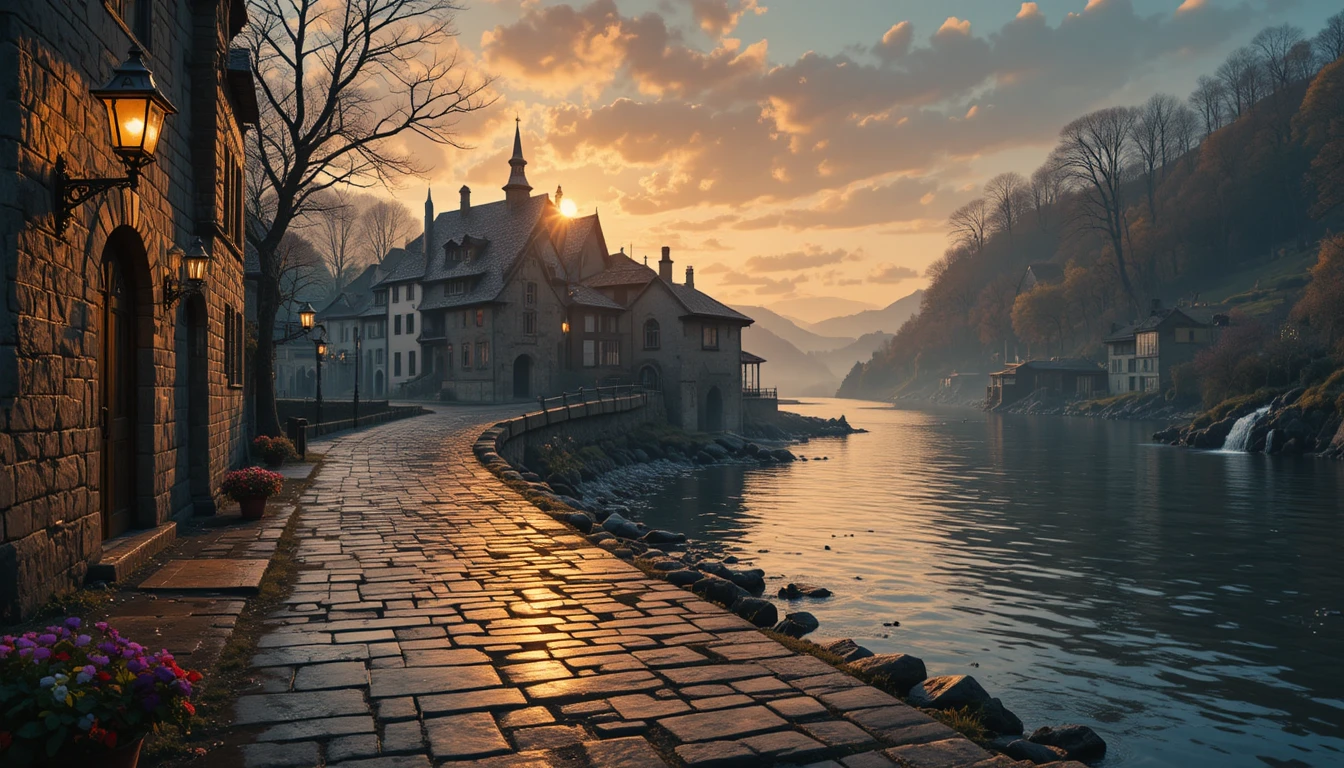Surreal sunset village street with glowing wet cobblestones