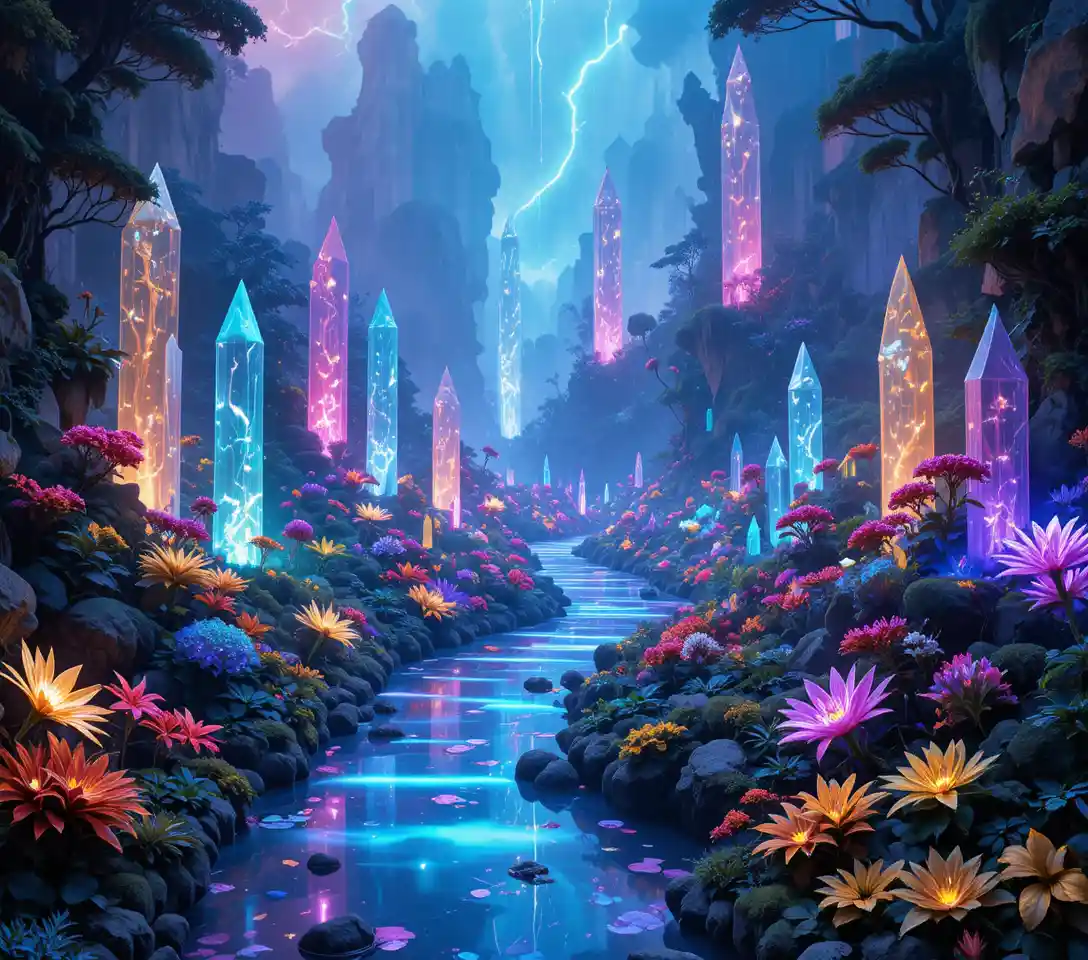 Giardino al neon incantato con cristalli luminosi e sentiero avvolto nella foschia