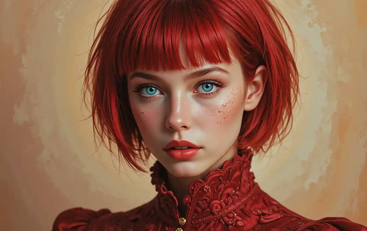 Red haired girl in ornate steampunk victorian satin dress