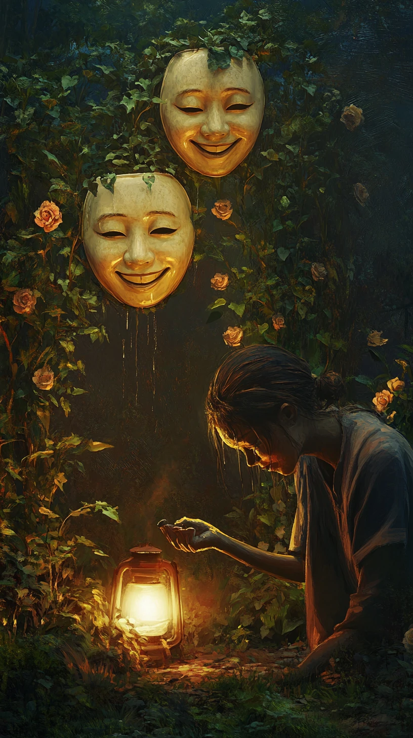 Man Watering Masked Plants In A Surreal Garden At Dusk