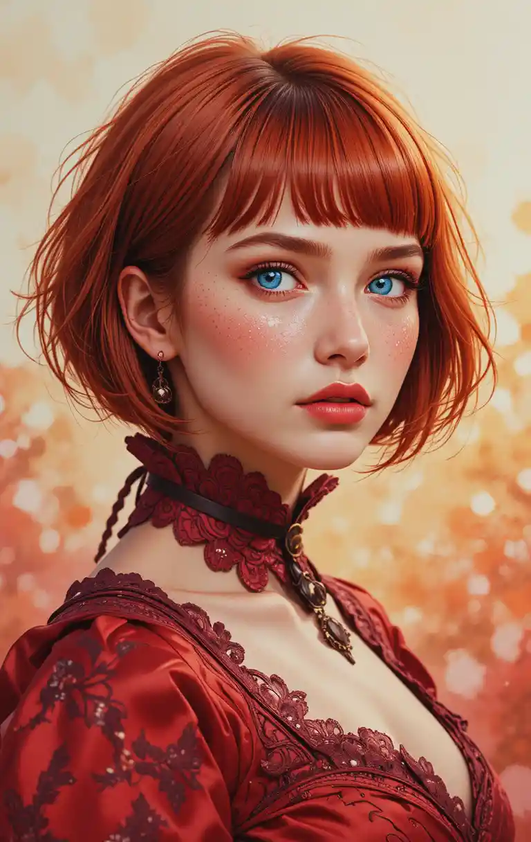 Rothaariges Mädchen im viktorianischen Steampunk-Satin­kleid – Porträt