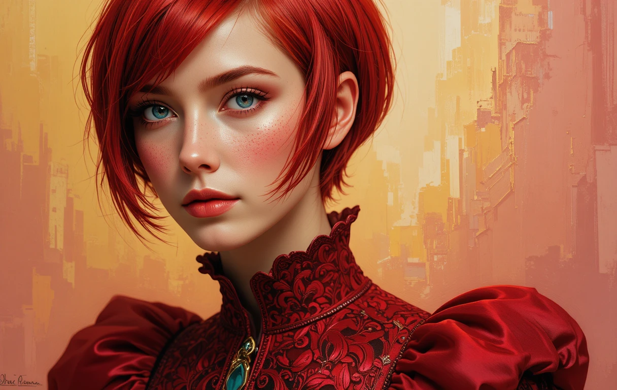 Ragazza dai capelli rossi con sontuoso abito vittoriano steampunk rosso