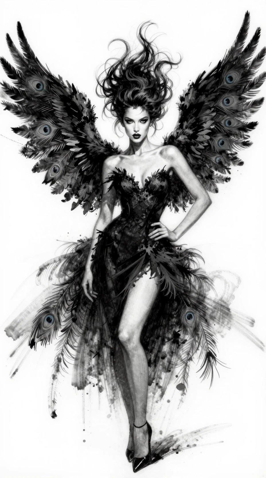 Charcoal woman with flowing hair and grand feathered wings