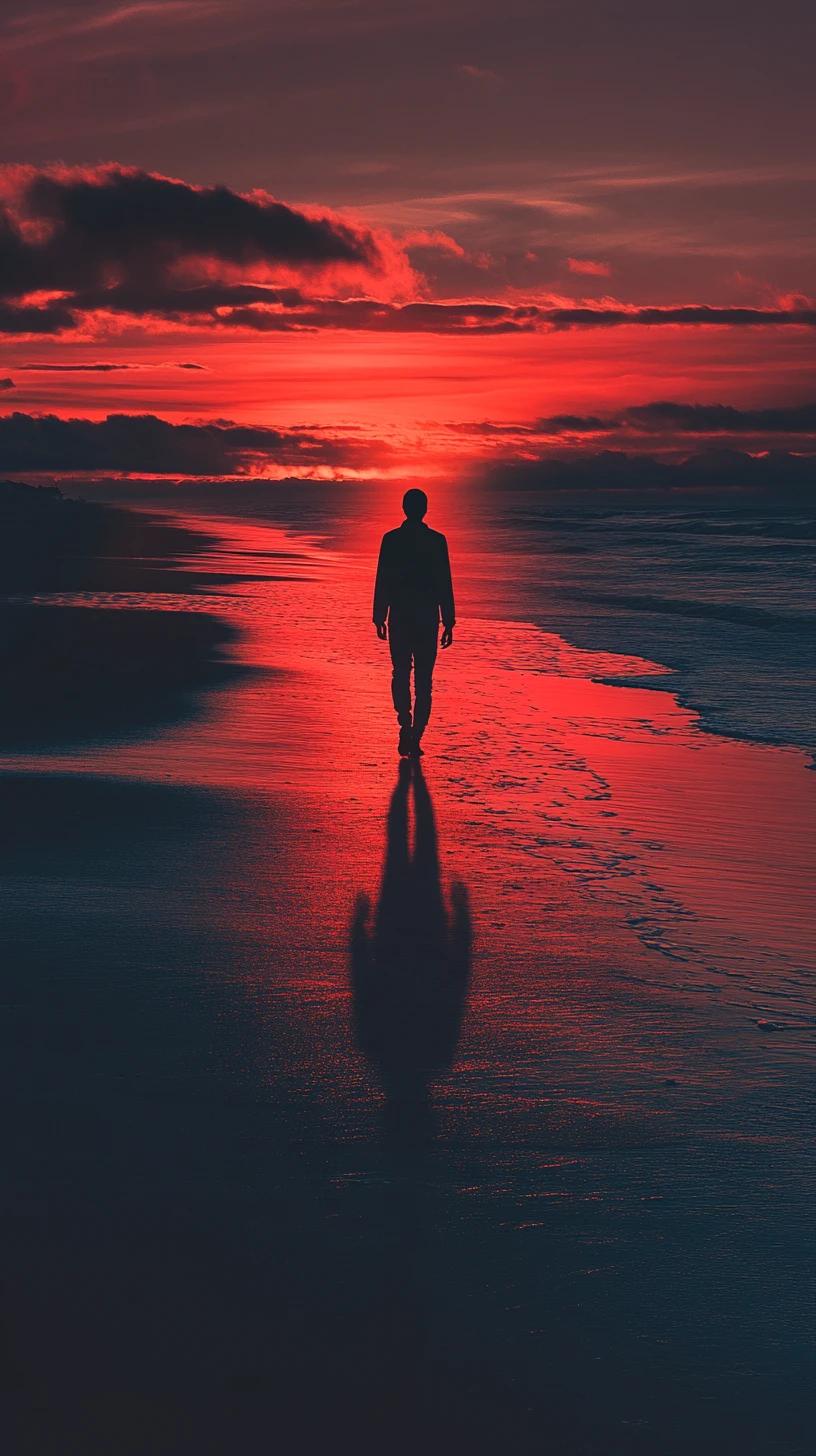 Surreal woman walking at sunset with rising shadow companion