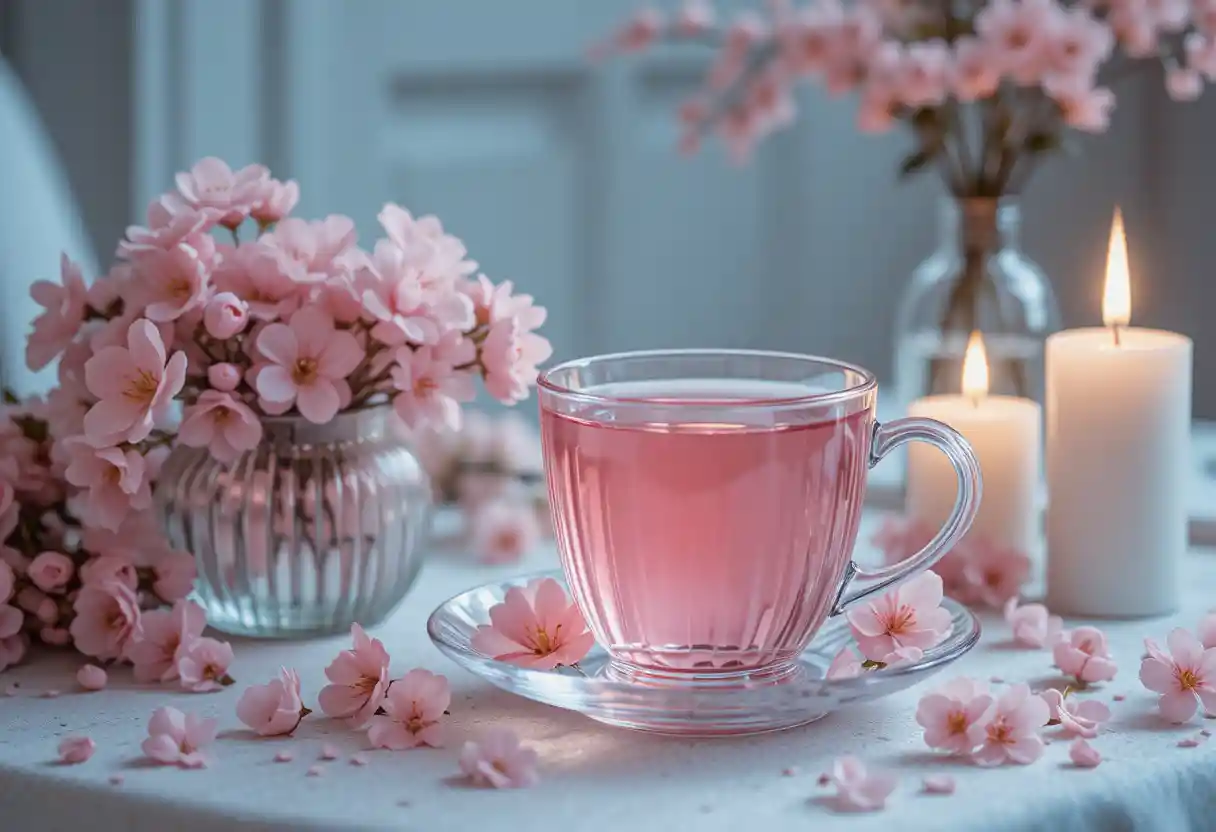 Tè rosa con fiori di ciliegio e candele su un tavolo