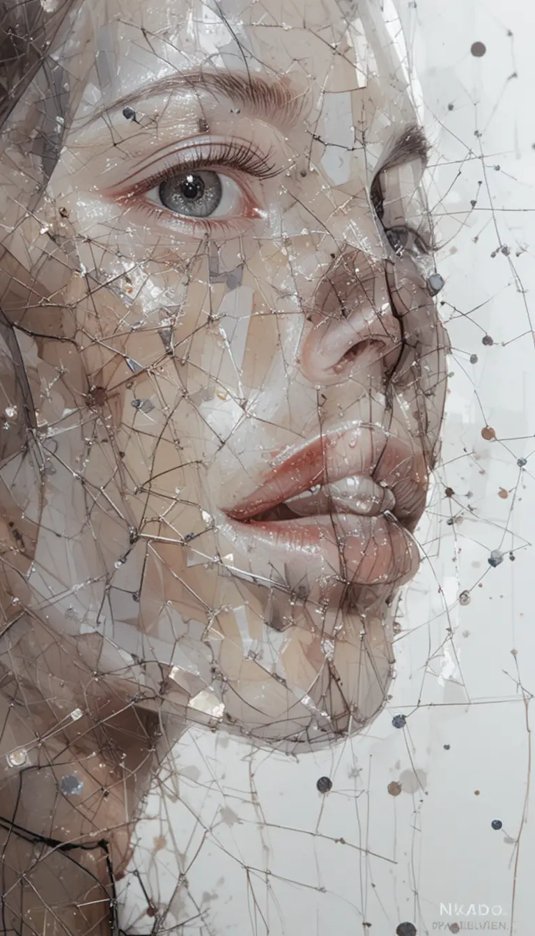 Crying woman with red lips in extreme close up portrait