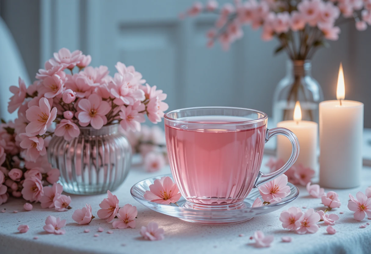 Té rosa con flores de cerezo y velas sobre una mesa