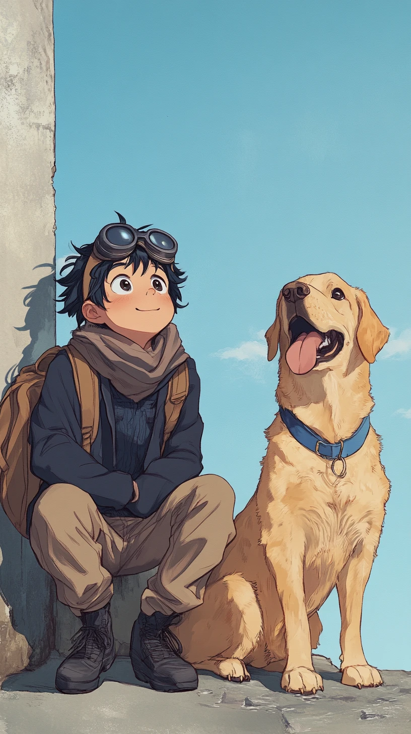 Niño con perro mirando al cielo azul abierto