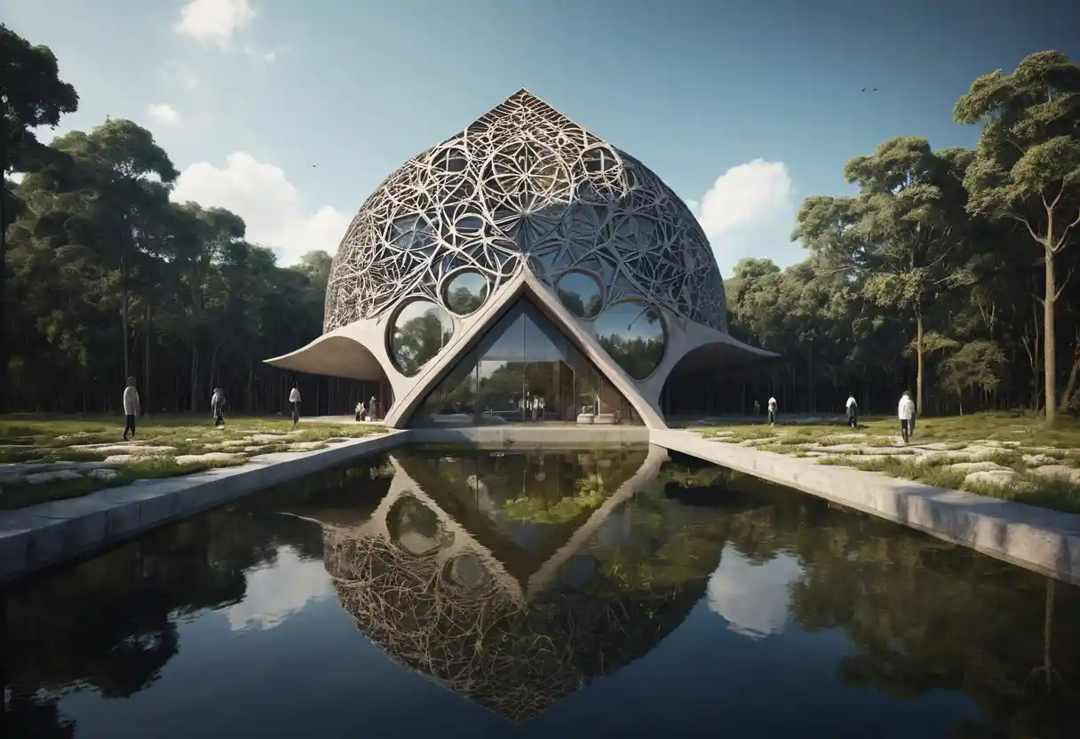 Bâtiment futuriste de bio‑architecture dans un cadre urbain harmonieux