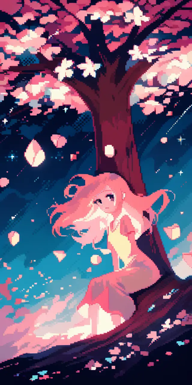 Girl With Lantern Under Starry Cherry Blossom Night