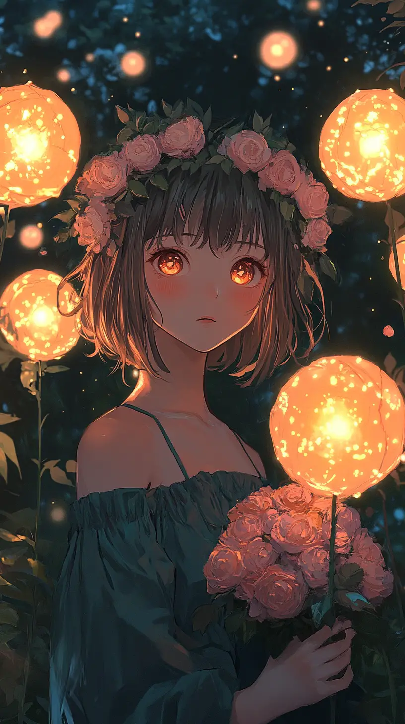 Anime girl in a glowing fantasy flower forest