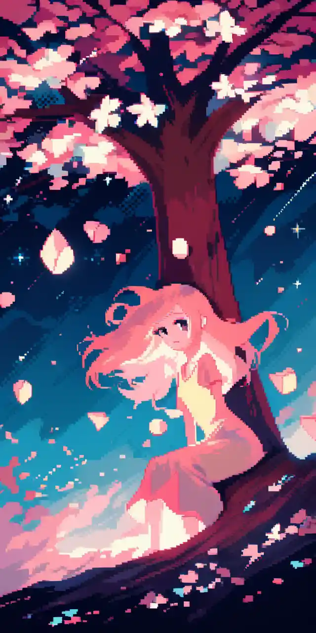 Girl With Lantern Under Starry Cherry Blossom Night