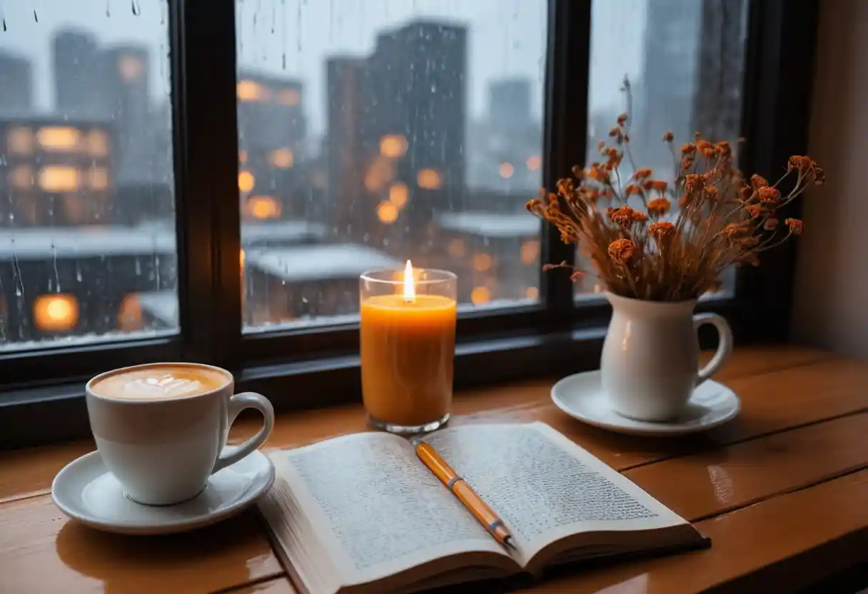 Acogedora taza de café y libro abierto junto a una ventana lluviosa
