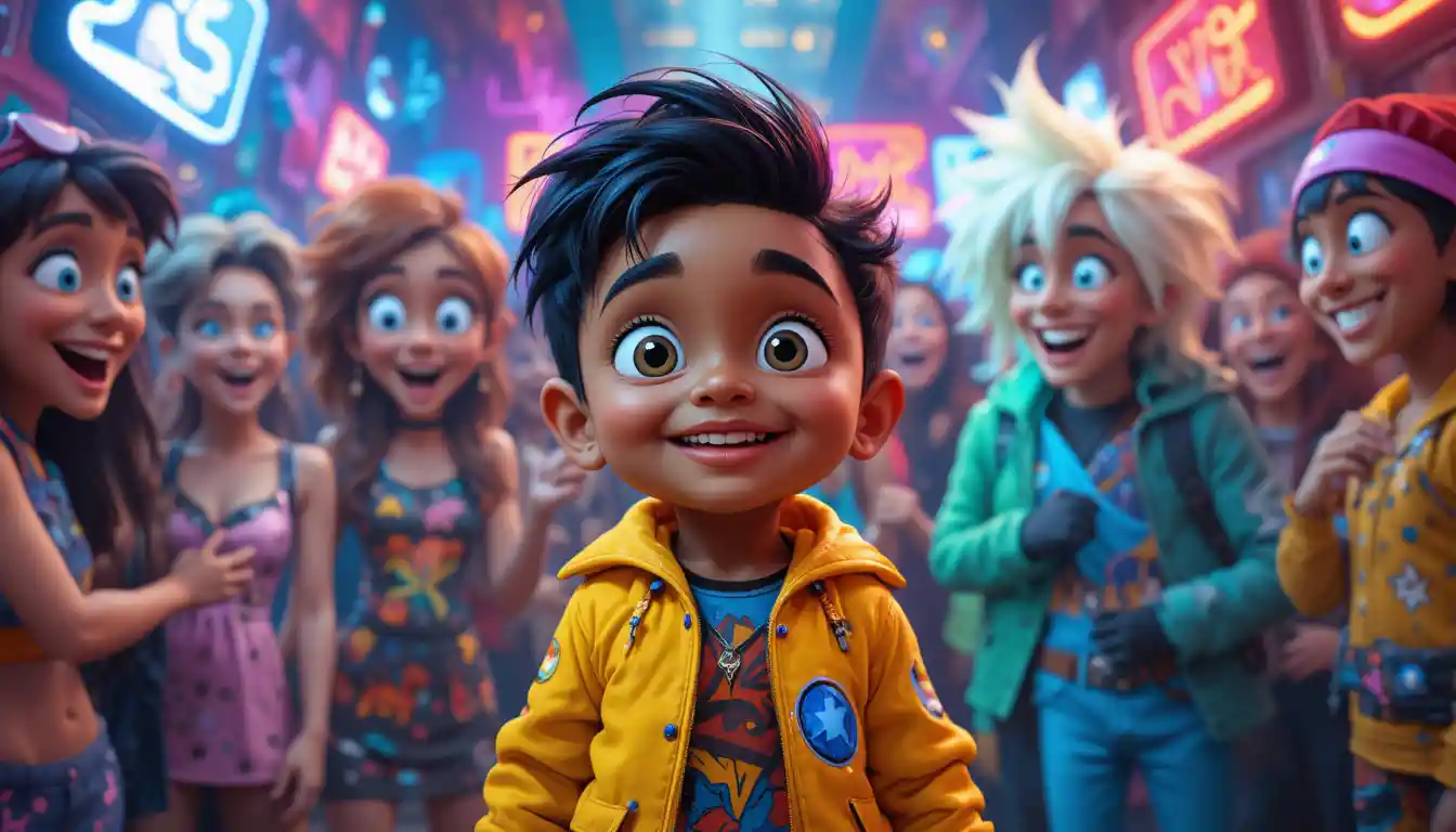 Smiling child outside neon nightclub in cartoon style