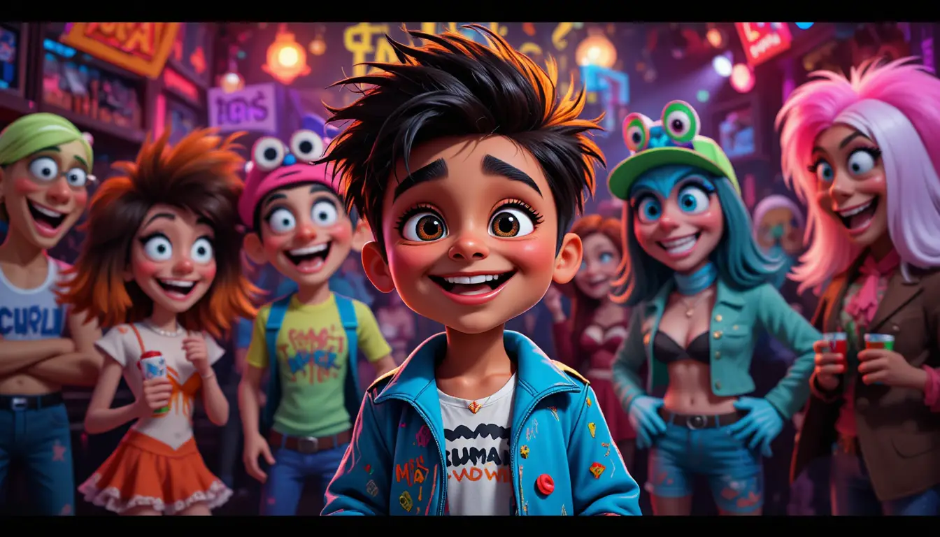 Smiling child outside neon nightclub in cartoon style