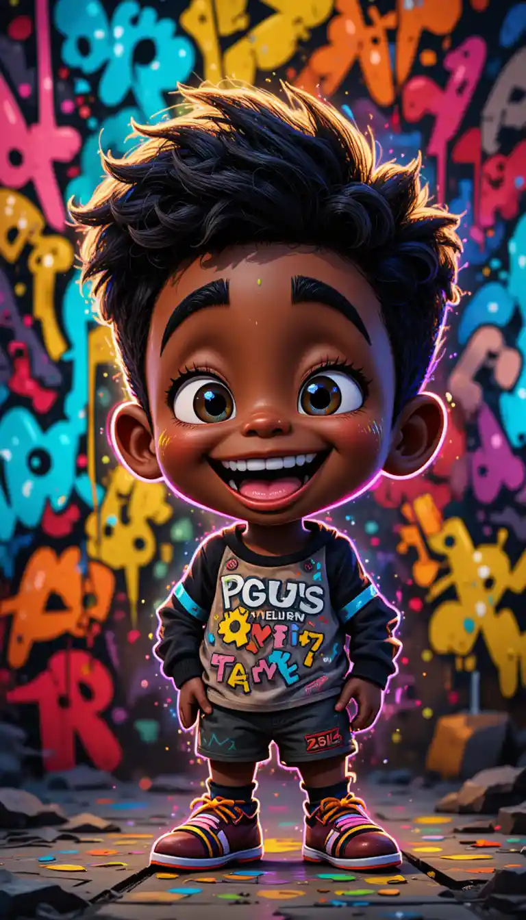 Niño caricaturesco alegre en estilo grafiti neón brillante
