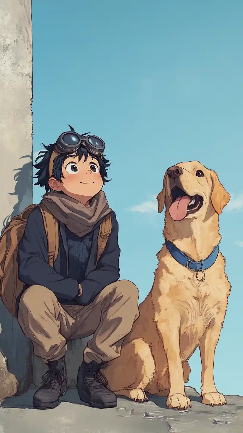 Niño con perro mirando al cielo azul abierto