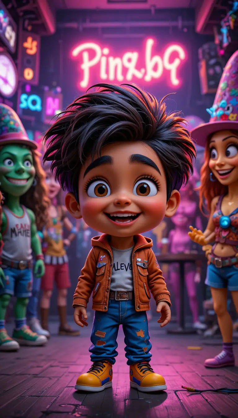 Smiling child outside neon nightclub in cartoon style