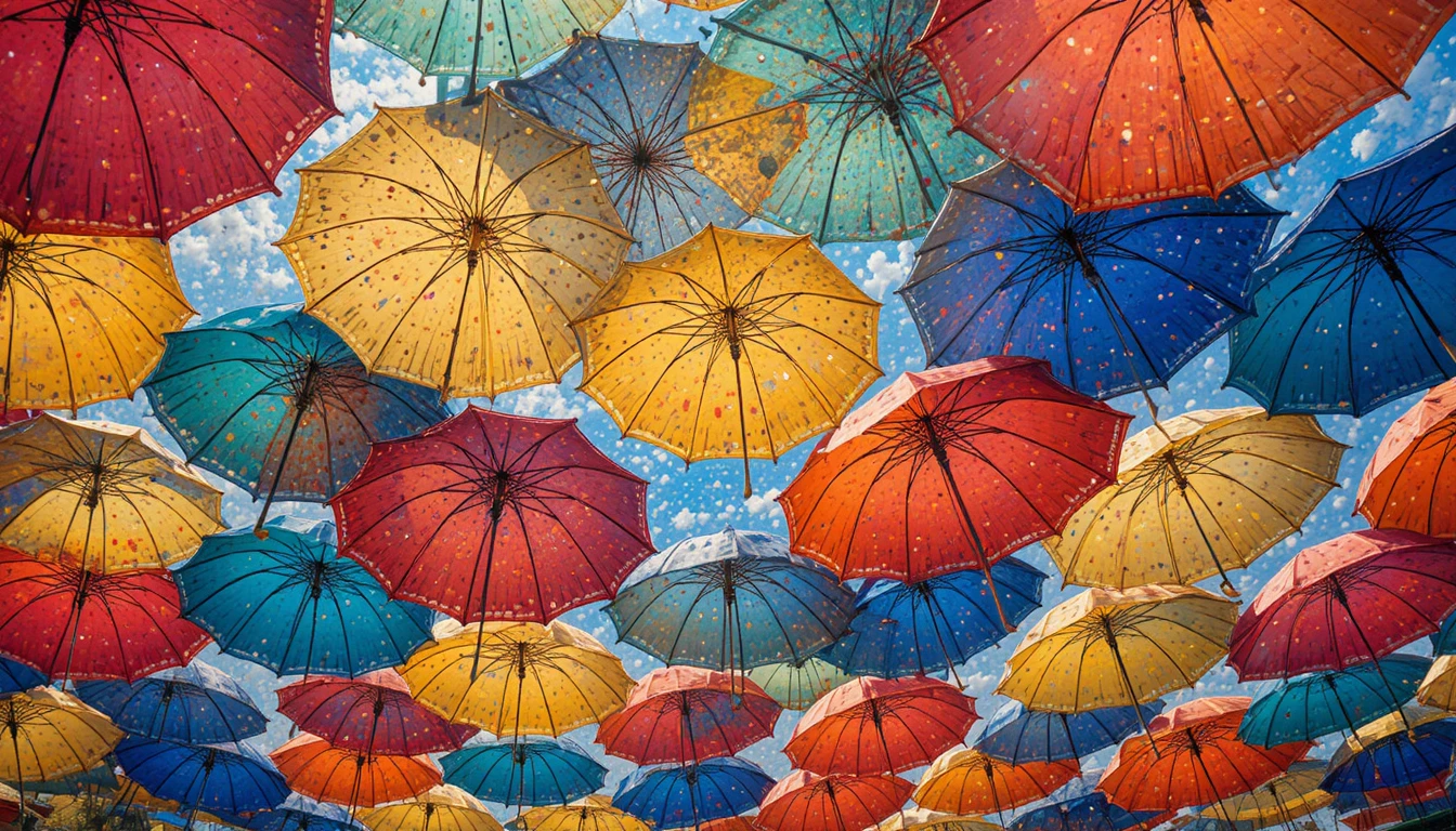 Colorful parasols seen from below in mosaic pointillist style