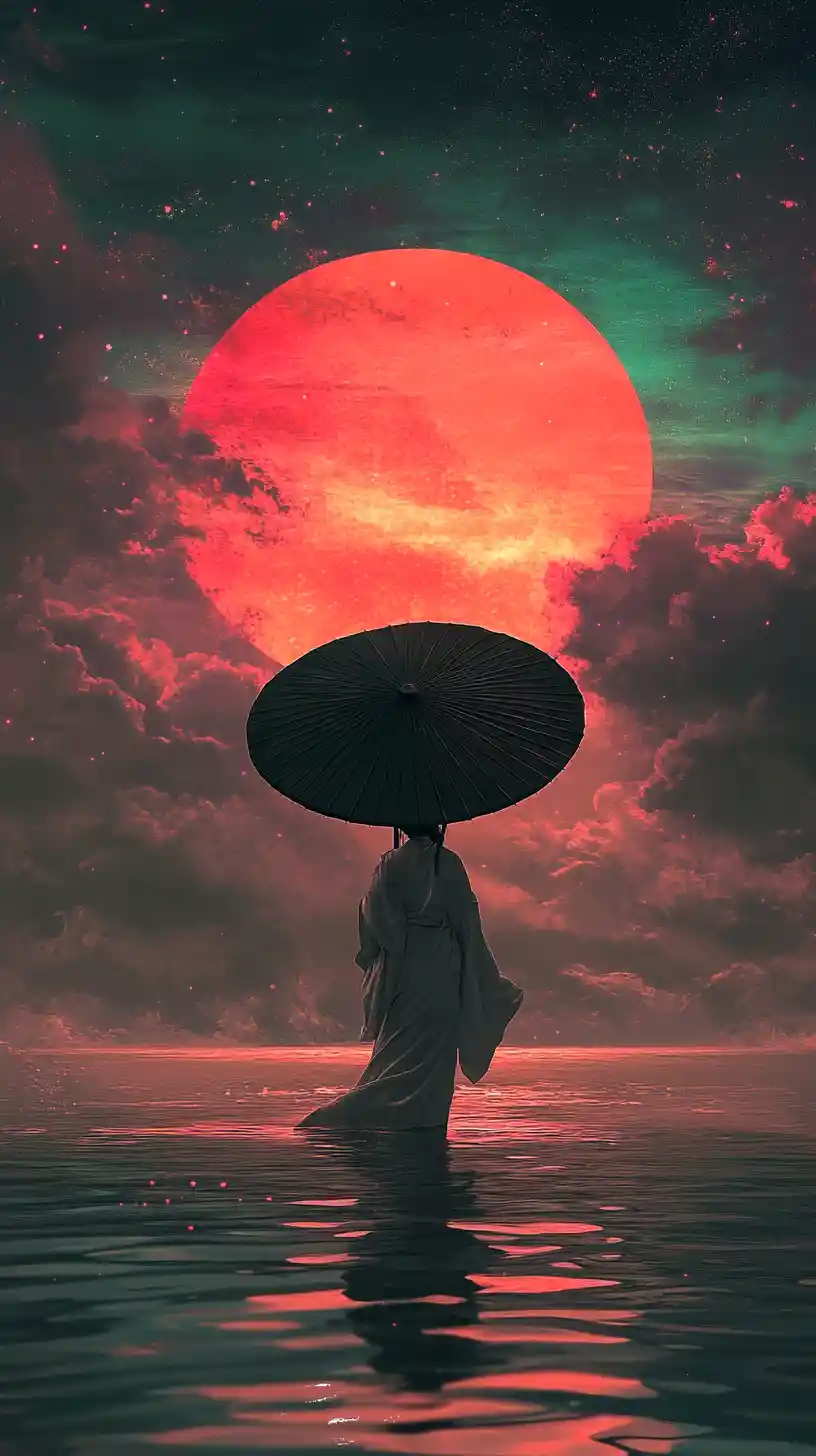 거대한 보랏빛 태양 앞에서 양산을 든 한푸 여인