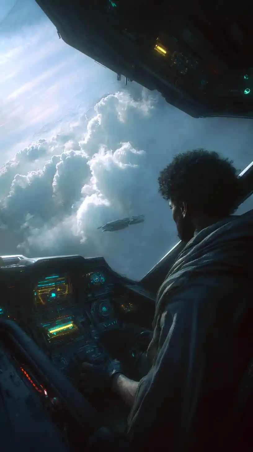 Afrofuturistic assassin piloting a stealth craft cockpit