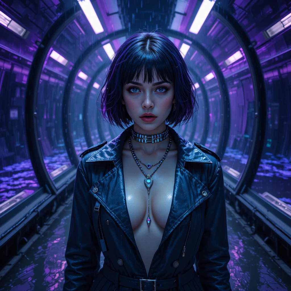 Cyberpunk woman in trench coat within underwater tunnel