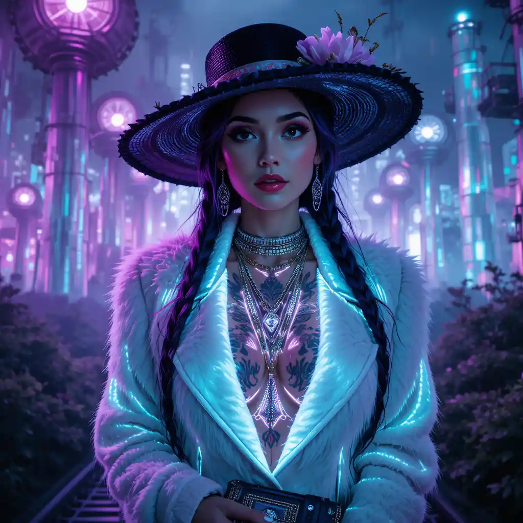 Mujer cyberpunk cinematográfica con chaqueta blanca y tatuajes de neón