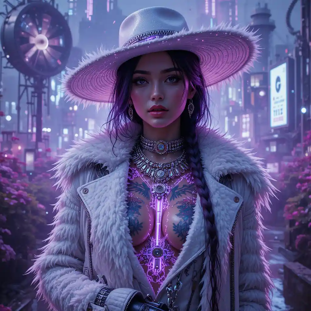 Playful cyberpunk woman in white jacket and race day hat