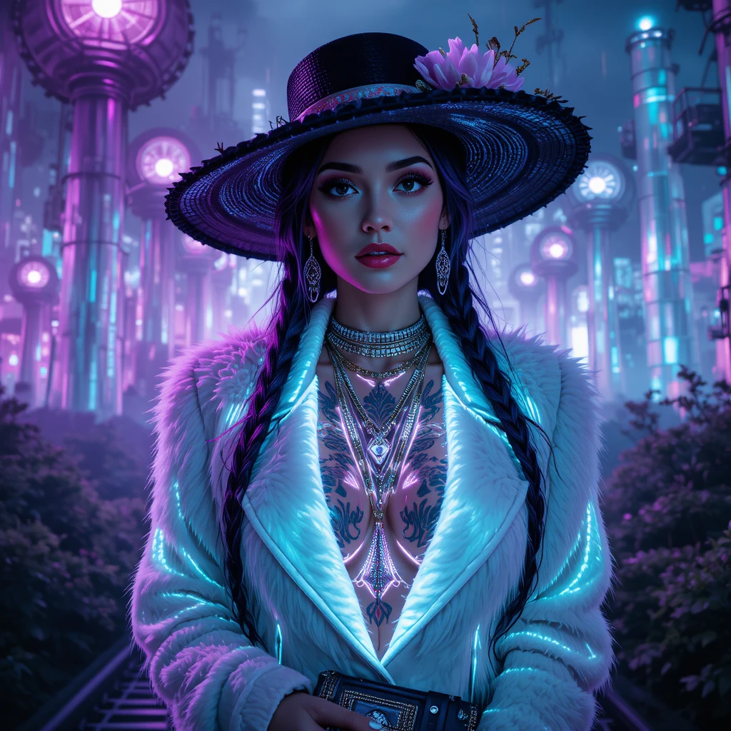 Mujer cyberpunk cinematográfica con chaqueta blanca y tatuajes de neón