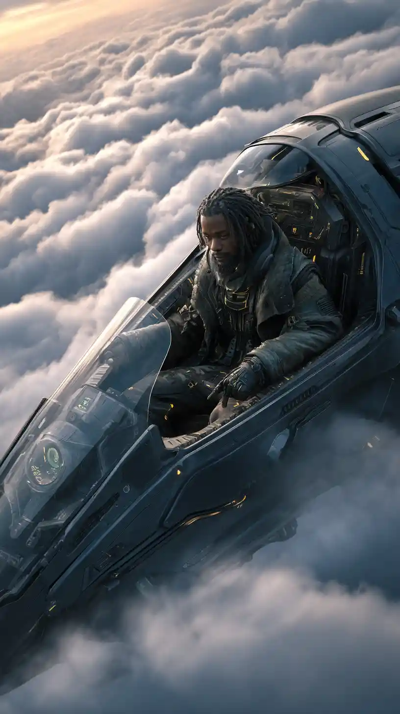 Afrofuturistic assassin piloting a stealth craft through clouds