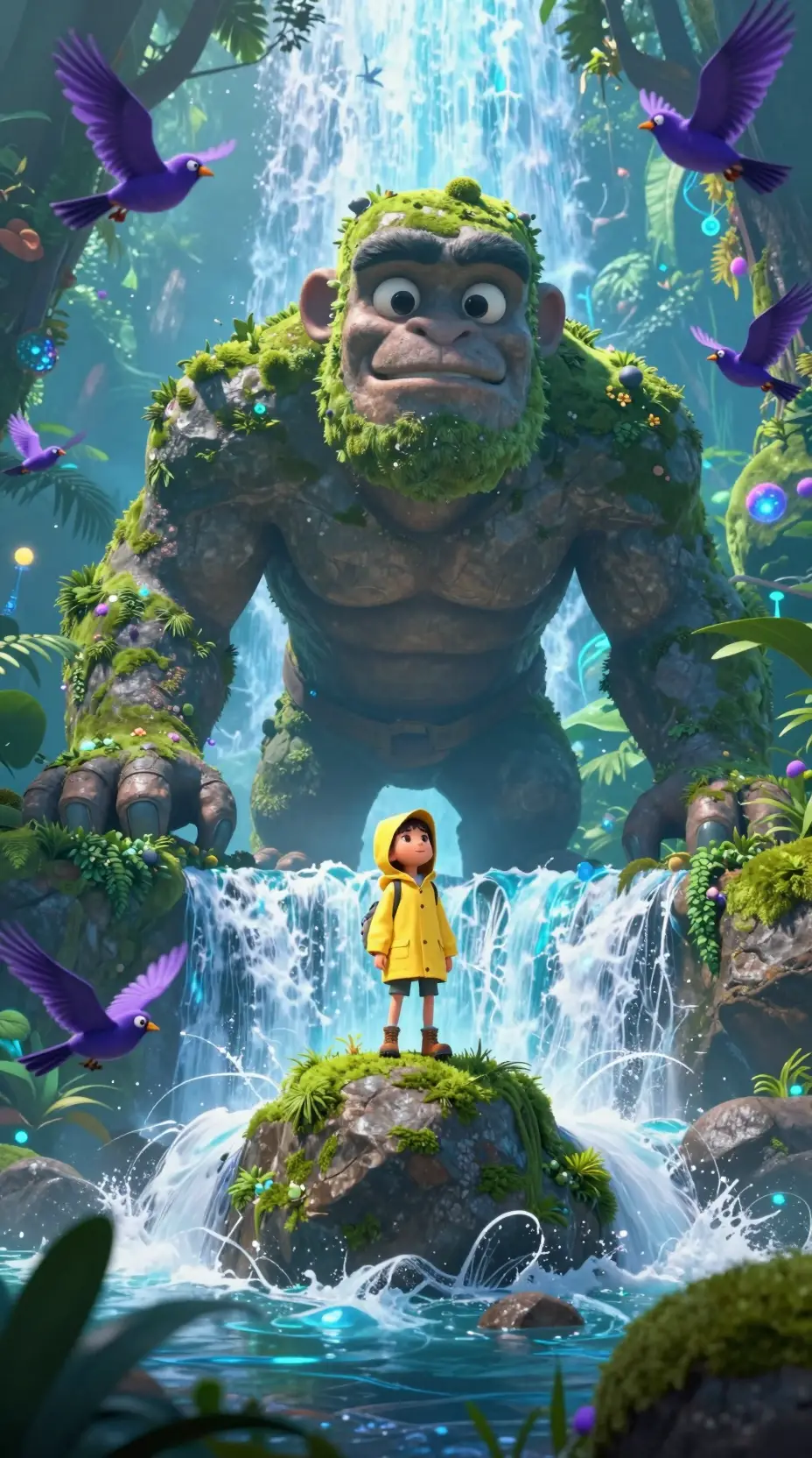 Young explorer on a stone giant above glowing waterfall